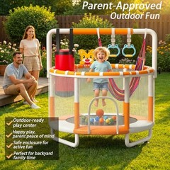 55″ Kids Indoor Trampoline with Safety Net, Adjustable White (Powder-Coated)
