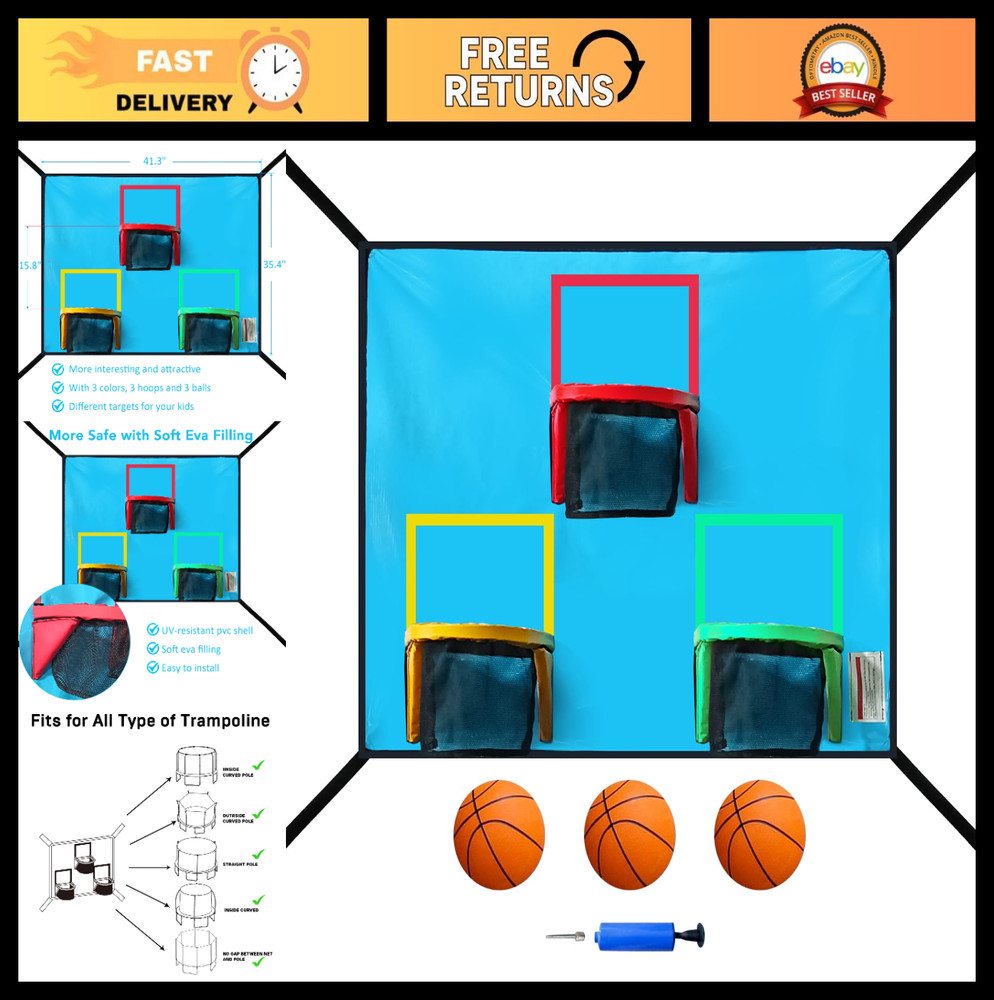 Trampoline Basketball Hoop Set – 3 Hoops & 3 Balls, Easy Install, Universal Fit