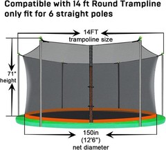 Weather-Resistant 14ft Trampoline Net Replacement – Includes 6 Pole Caps & Cords
