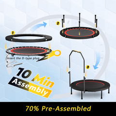 40″ Foldable Fitness Trampoline with Adjustable Handle, 6 Legs, Black