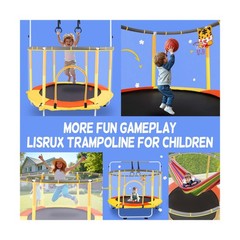 59 Inch Kids Trampoline with Safety Enclosure Net, Adjustable Gymnastics Bar,…