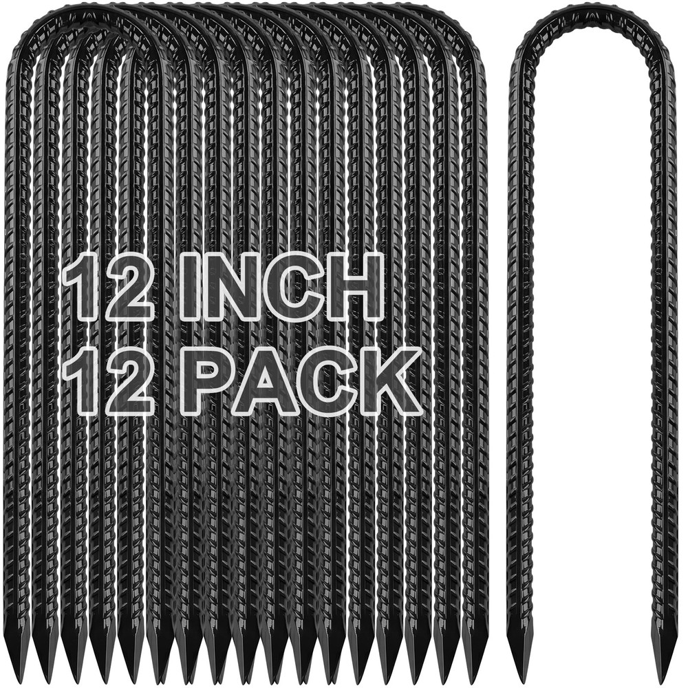 12 PCS Black 12 Inch Heavy Duty Galvanized Steel U Hook Trampoline Ground Stake