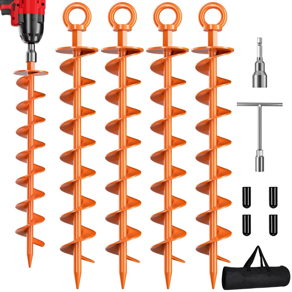 Ground Anchor Screw in, 4 Pack Spiral Trampoline Anchors with Nut and Tool Sw…