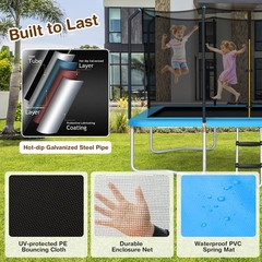 8x14FT Recreational Rectangular Trampoline w/ Safety Enclosure Net Ladder Blue
