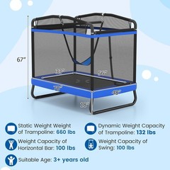 Trampoline Kids 70” Toddler Rebounder W/ Detachable Swing Horizontal Bar