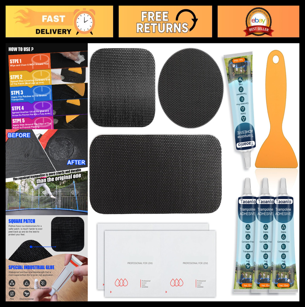 Trampoline Repair Kit – 3 Patch Sizes for Mat Tears & Holes, Ground Stakes Inclu