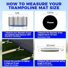 Trampoline Replacement 12FT|127″Dia|72 V-Rings|Fits 5.5″ Springs Length Black
