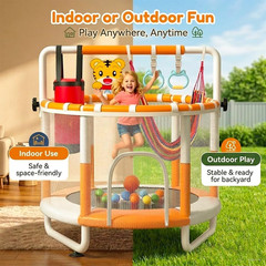 55″ Kids Indoor Trampoline with Safety Net, Adjustable Gymnastics Bar & Toys – I