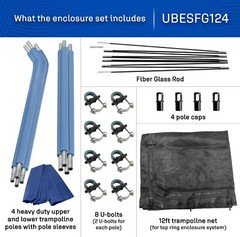 Trampoline Safety Enclosure Set: Top Ring Net, Bent Poles, Foam Sleeves, U-Bolts