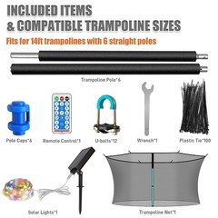 Universal 14FT Trampoline Poles and Safety Enclosure Net with Solar Light