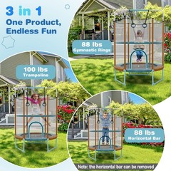 60” Trampoline for Kids w/Gymnastic Bar Rings Foamed Handle No Gap Design