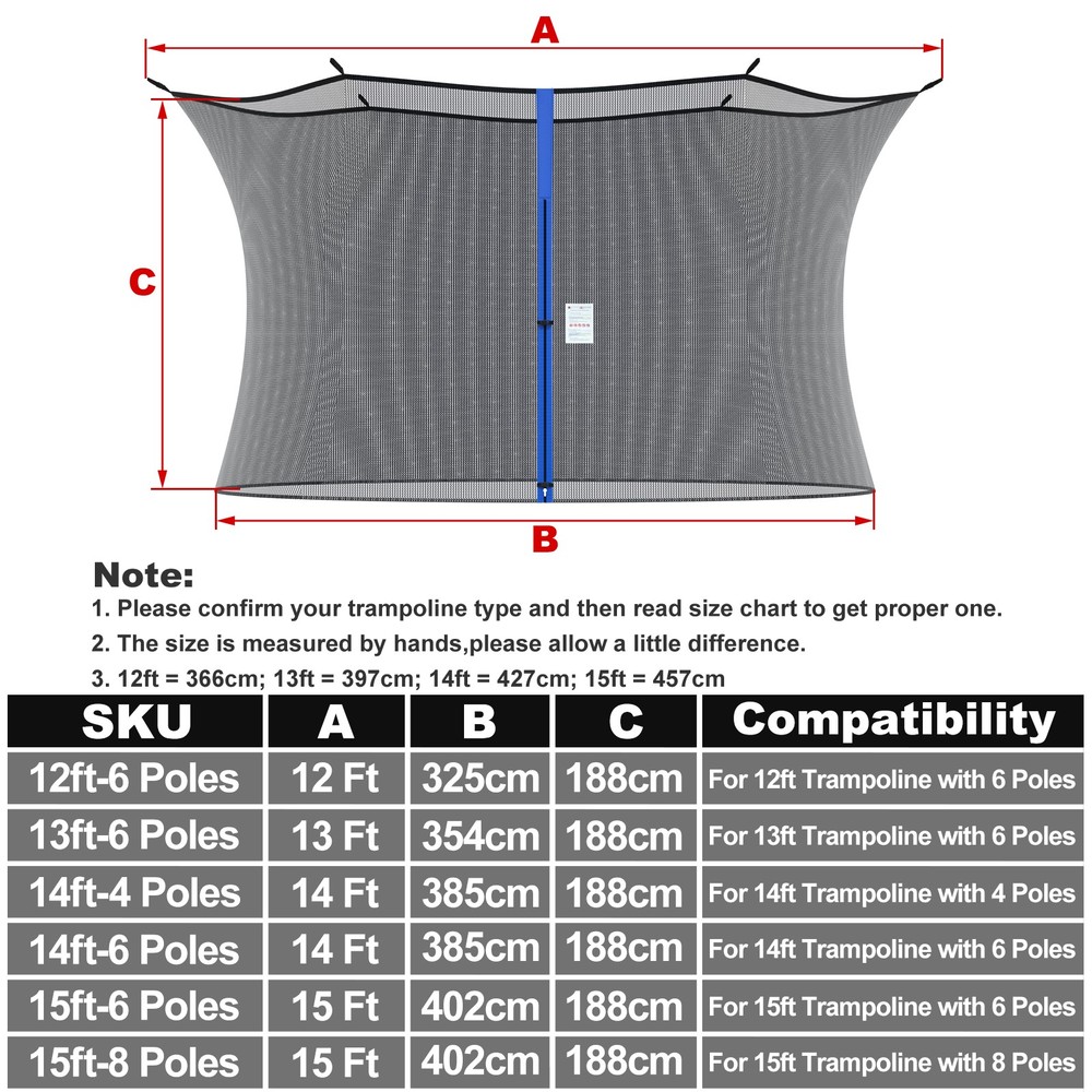 12/13/14/15ft Trampoline Mat 72 88 96 Ring +Tool,Trampoline Safety Net 6/8 Poles