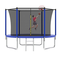 Kids 10Ft Round Trampoline with Basketball Hoop & Safety Net – Blue