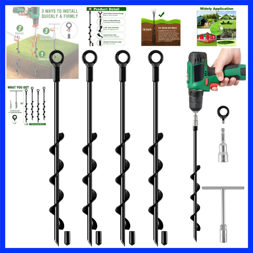 Ground Anchors Screw in, 18 Inch 4 Pack Spiral Swing Set Trampoline Earth Anc…