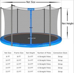 Trampoline Enclosure Net with Pole Cap Replacement for 6 Straight Poles 12’