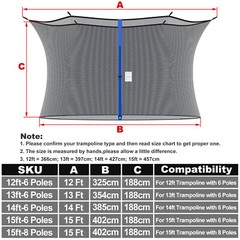 12/13/14/15FT Enclosure Net Trampoline Replacement Safety Net 3 Arch/6 Pole US