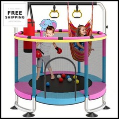 Indoor Trampoline 60 Inch Kids with Enclosure Gymnastics Bar Toys Basketball