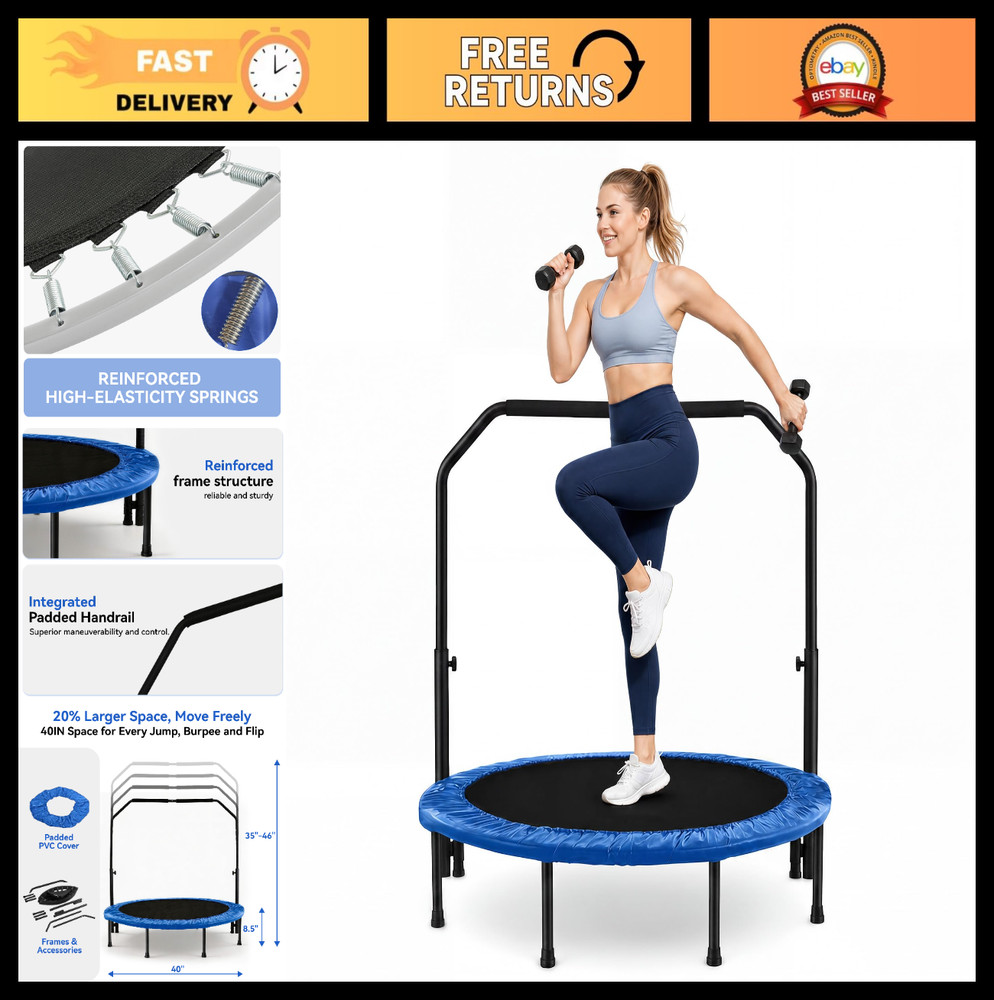 40″ Fitness Trampoline Rebounder with Adjustable Foam Handle for Home Workouts