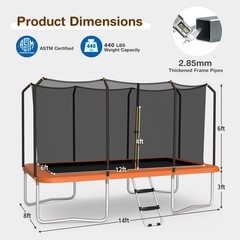 8x14FT Recreational Rectangular Trampoline w/ Safety Enclosure Net Ladder Orange
