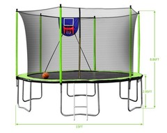 15ft Trampoline with Basketball Hoop, Inflator & Ladder, Green