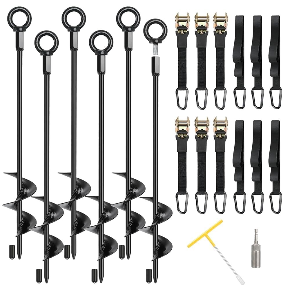 Trampoline Anchors, 6 Pack 18″ RV Awning Tie Down Kit with6 Ratchet Straps, H…