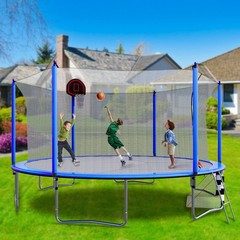 16FT Outdoor Trampoline w/Basketball Hoop Inner Safe Enclosure Soccer Goal Blue