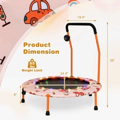 36” Mini Toddler Trampoline w/ LED Bluetooth Speaker Detachable Handle Kids