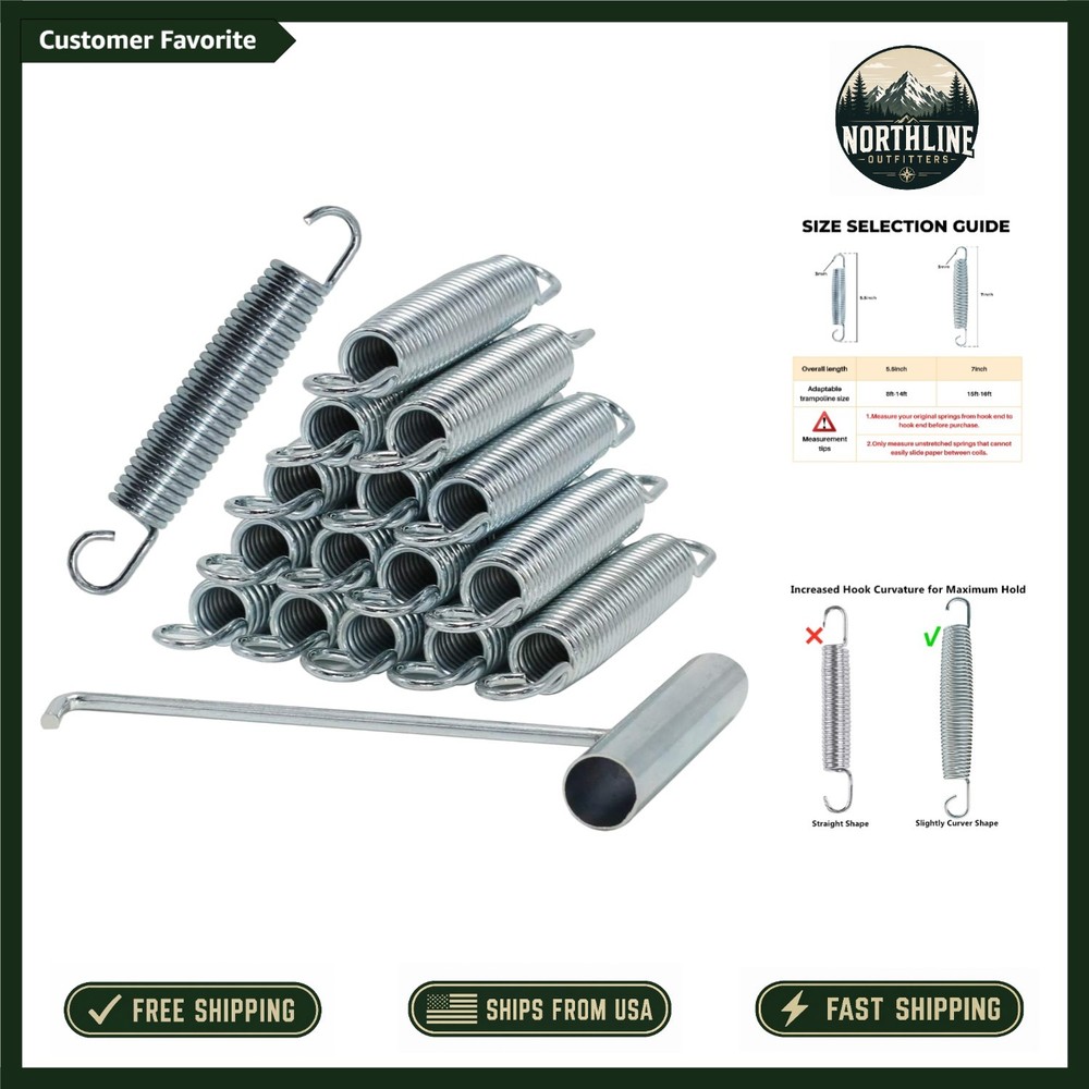 Superior Elasticity 7-Inch Trampoline Springs Set of 16 – T-Hook Tool Included