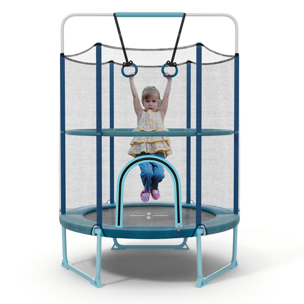 60” Trampoline for Kids w/Gymnastic Bar Rings Foamed Handle No Gap Design Blue