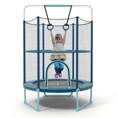 60” Trampoline for Kids w/Gymnastic Bar Rings Foamed Handle No Gap Design Blue
