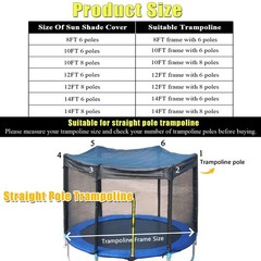Trampoline Cover Sun Protection Block Leaves Outdoor 8ft-14ft 8FT 6 Poles