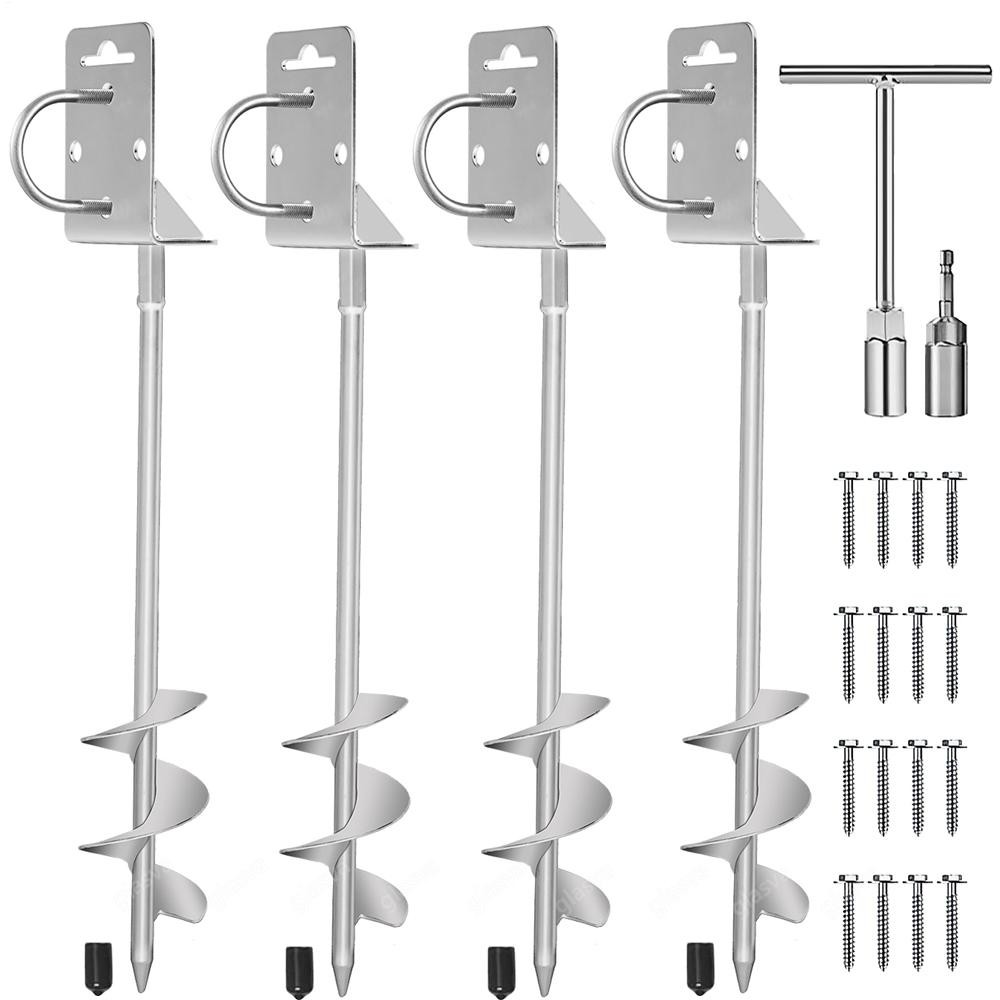 4 Pack Ground Anchors Screw in Shed Earth Anchor Stakes Set with Brackets &Drill