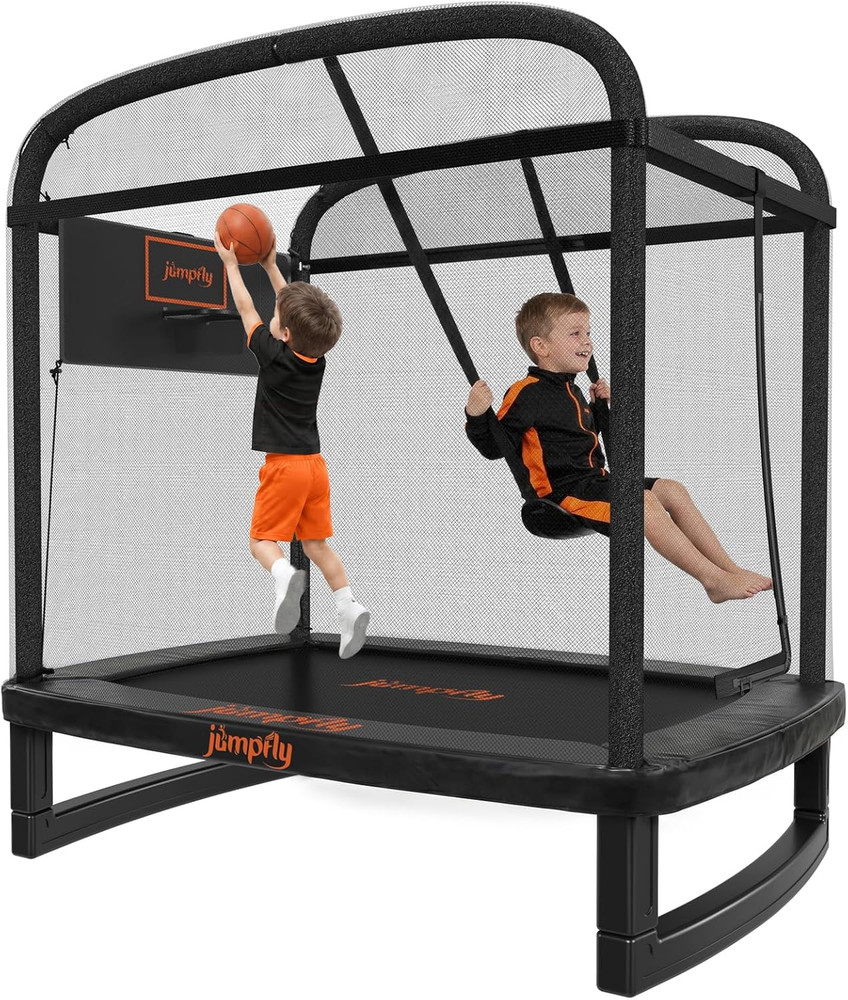 Jumpfly 6FT Rectangle Trampoline for Kids, Toddler Trampoline with Swing & Baske