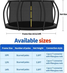 Top Ring Trampoline Enclosure Net Replacement-for 8 Curved Poles Top 12FT Frame