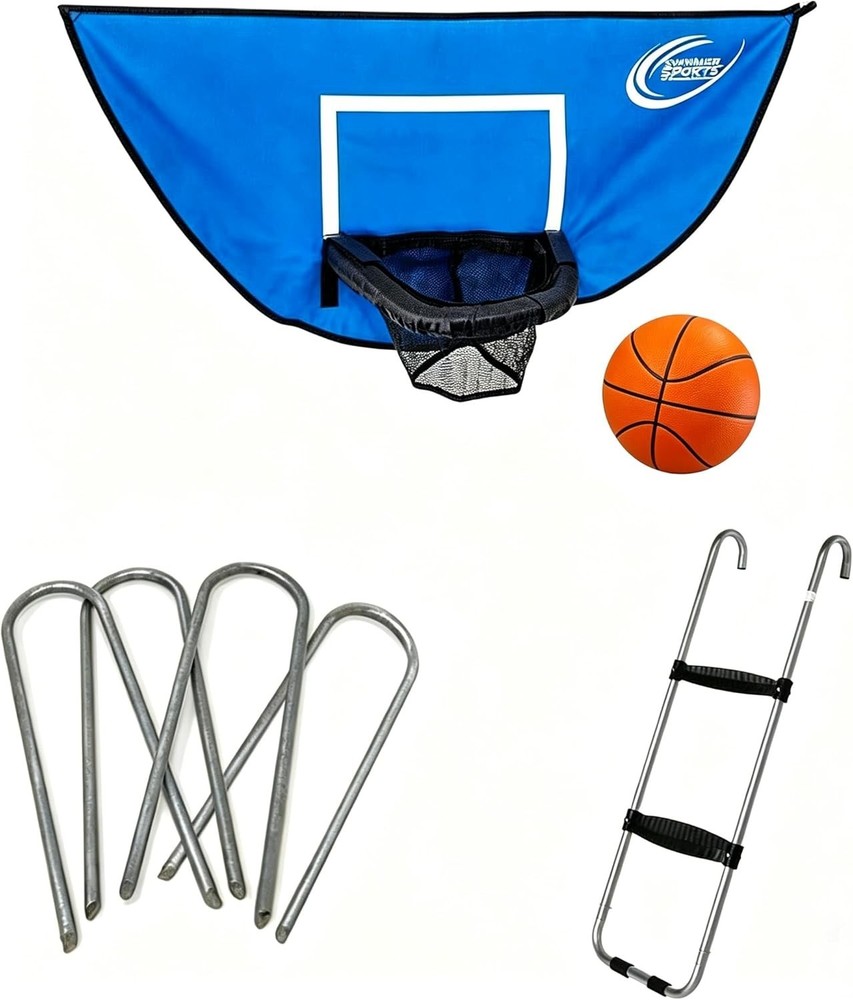 Trampoline Accessory Kit with Basketball Game, 4 Windstakes & Wide Step Ladder