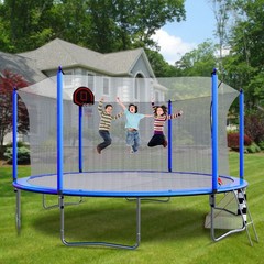 16FT Backyard Trampoline for Kids with Safety Enclosure Net Basketball Hoop Pump