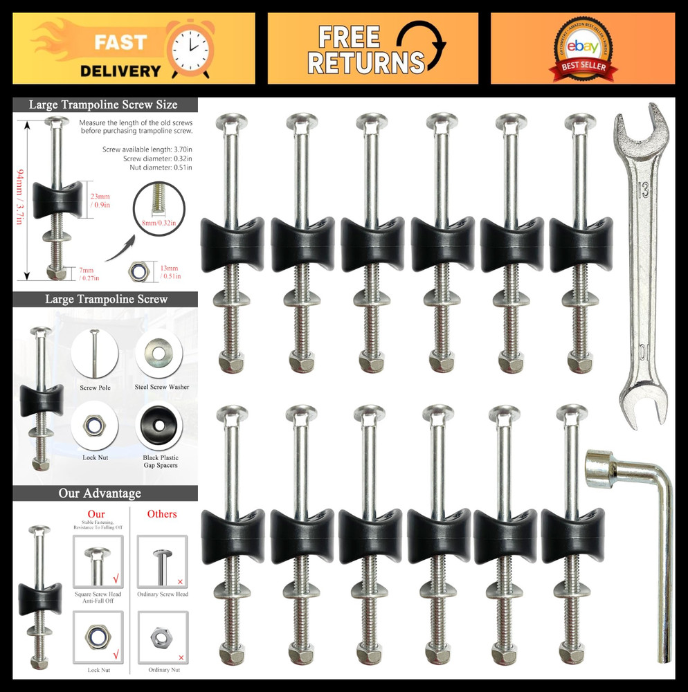 12 PCS 3.7″ Long Trampoline Screws & Bolts, Anti-Loose Replacement Parts, Tools