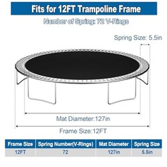 12FT 14FT 15FT Trampoline Mat 12FT|127″ Wide|72 V-Rings | Fits 5.5″ Springs