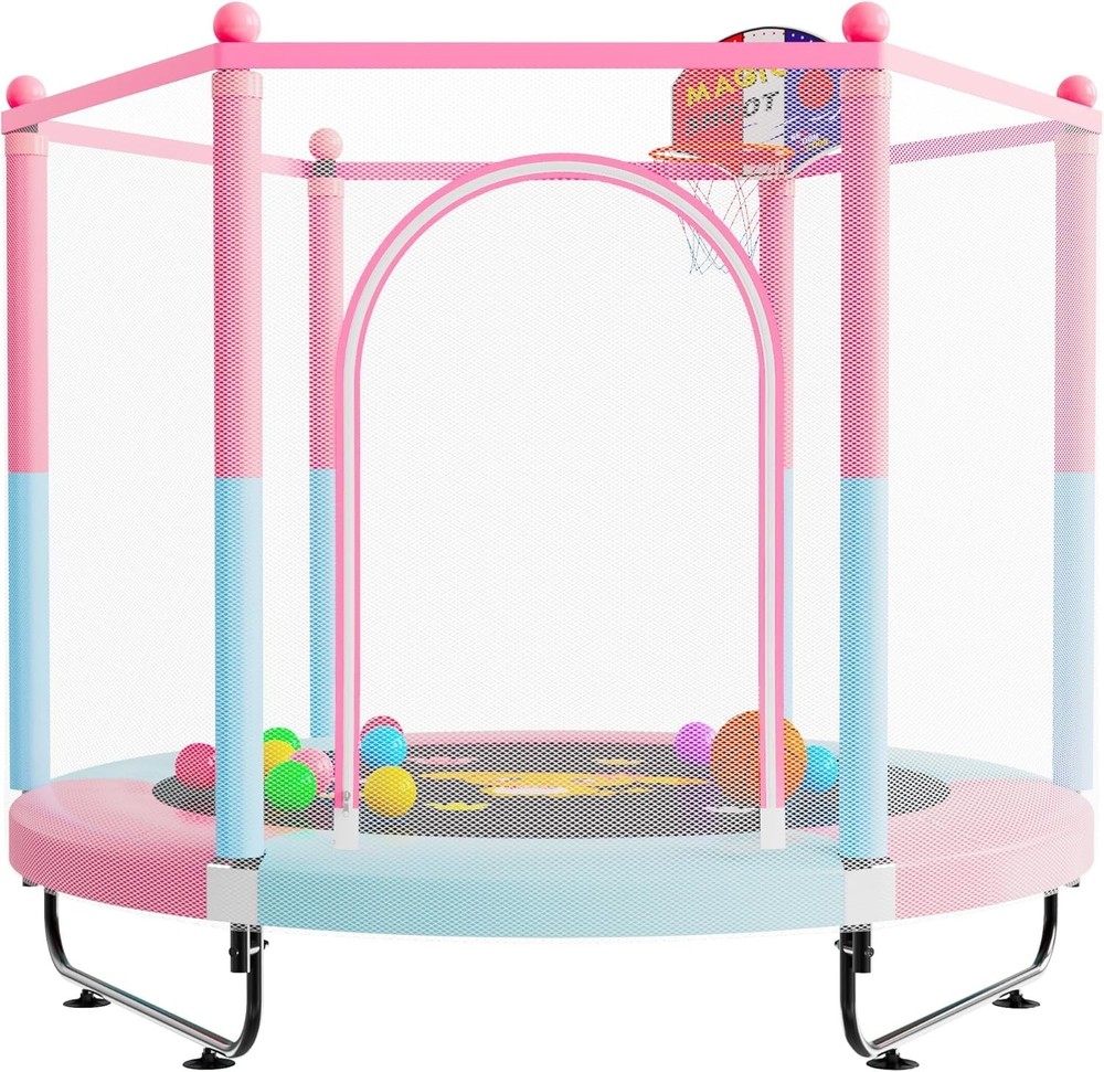 60″ Trampoline Kids 5 FT Indoor & Outdoor Toddler Baby Trampoline W/ Basketball