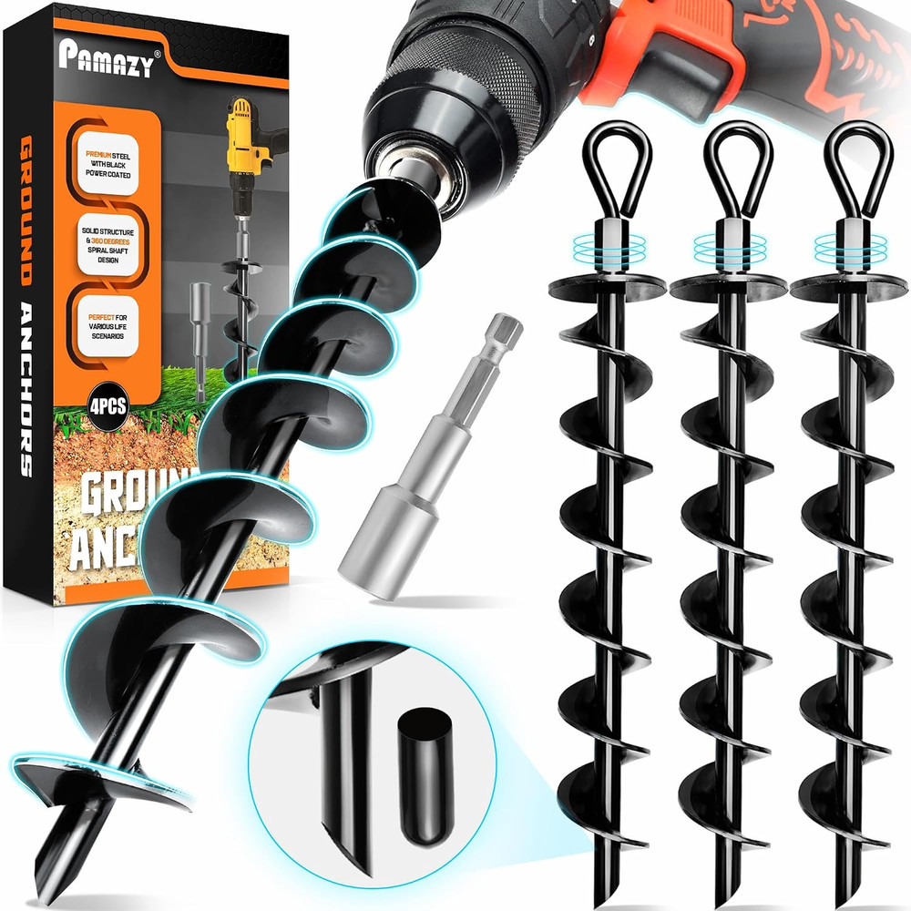 [Premium] 4 Pack Ground Anchors with Power Nut Driver Drill Bit, Ground Anchors