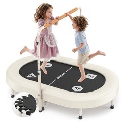 56IN 2-Person Kids Trampoline, Safe-Elastic Band Foldable Frame White