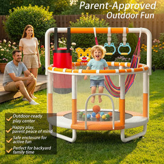 55″ Kids Indoor Trampoline with Safety Net, Adjustable Gymnastics Bar & Toys – I