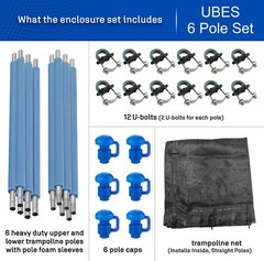 Trampoline Safety Enclosure Set: Inside Net, Straight Poles Foam Sleeves U-Bolts