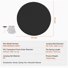 Uimoso Replacement Trampoline Mat Fits 15ft Frame 96 V-Rings 6.5″ Spring Length