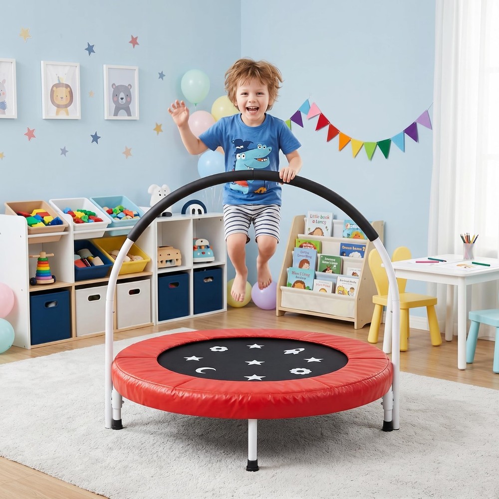 36″ Toddler Foldable Trampoline w/Handle & Safety Pad for Kids | Soft Foam Grip
