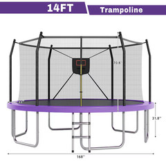 Fun Orange 14FT Trampoline w Lights & Basketball Hoop Purple