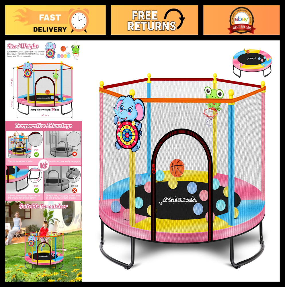 5ft Pink Indoor Trampoline for Kids 2-5, Mini Toddler Trampoline with Net & Hoop
