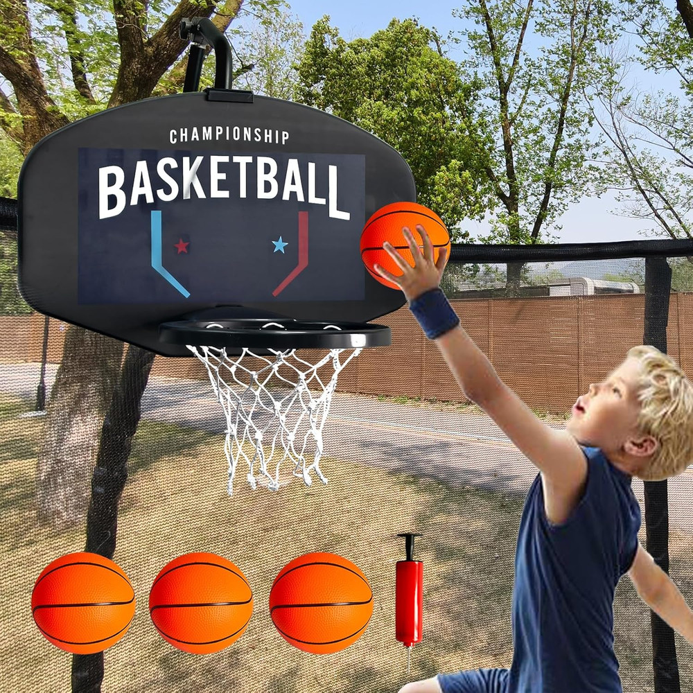 Trampoline Basketball Hoop Set with Adjustable Height, Balls & Pump Included