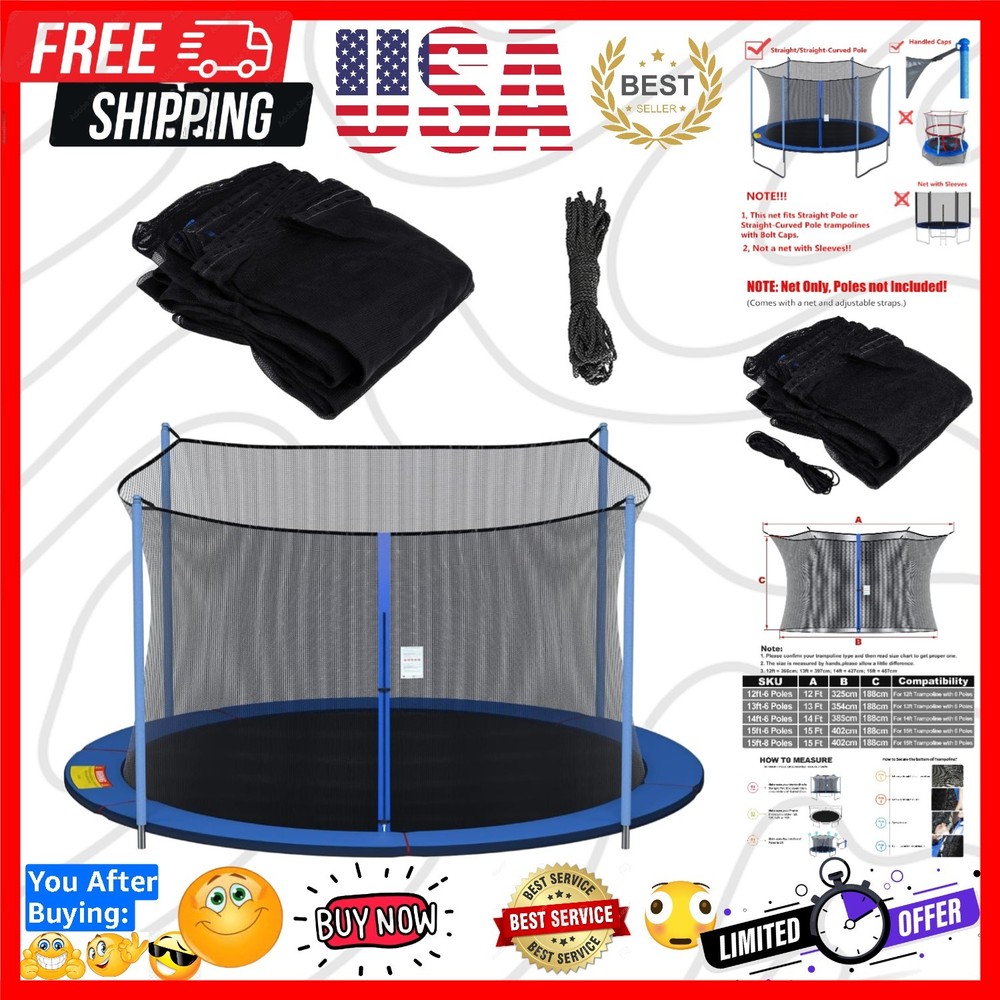 Round Trampoline Replacement Safety Net for 6 Straight Poles | UV-Resistant, …