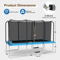 8x14FT Recreational Rectangular Trampoline w/ Safety Enclosure Net Ladder Blue